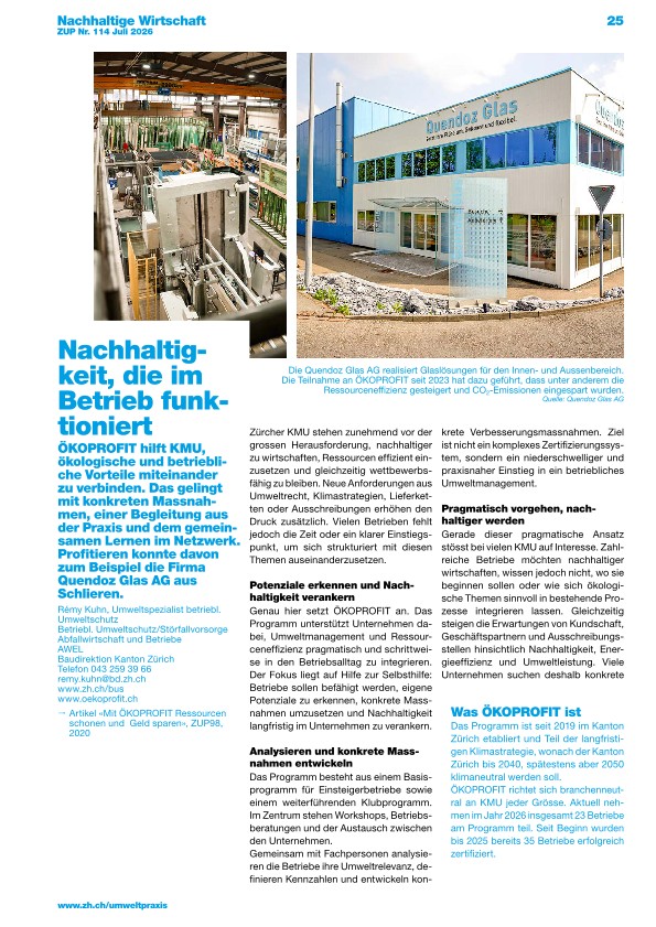 Zürcher Umweltpraxis und Raumentwicklung 114: Nachhaltigkeit, die im Betrieb funktioniert
