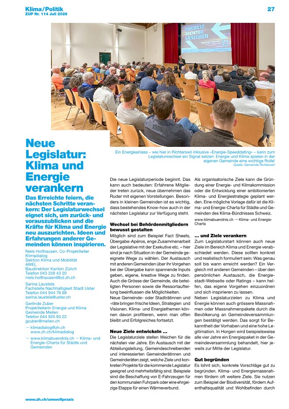Zürcher Umweltpraxis und Raumentwicklung 114: Klima- und Energieziele in der Gemeinde verankern