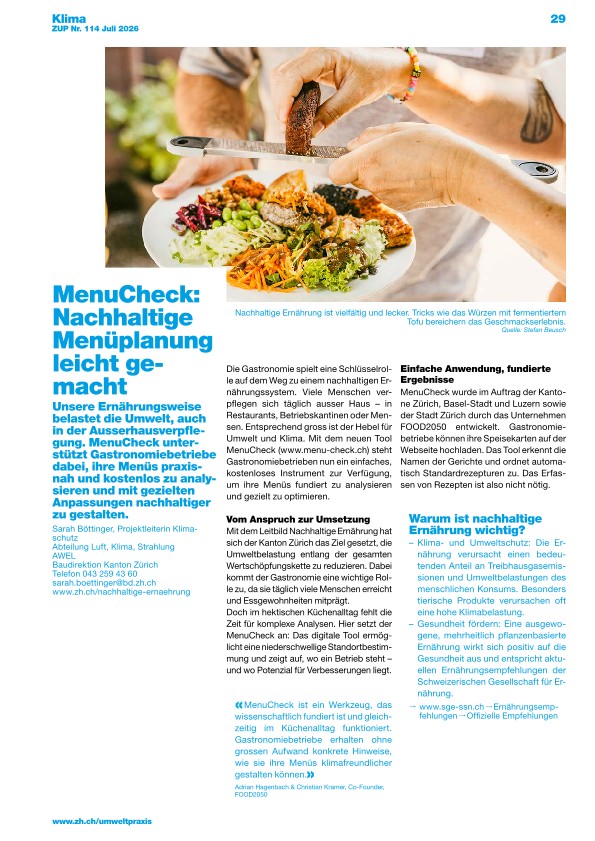 Zürcher Umweltpraxis und Raumentwicklung 114: MenuCheck: Nachhaltige Menüplanung leicht gemacht
