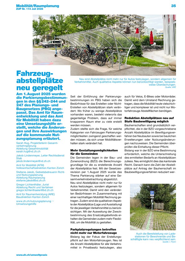 Zürcher Umweltpraxis und Raumentwicklung 114: Neue Parkierungsbestimmungen im Planungs- und Baugesetz