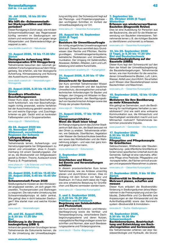 Zürcher Umweltpraxis und Raumentwicklung 114: Veranstaltungen