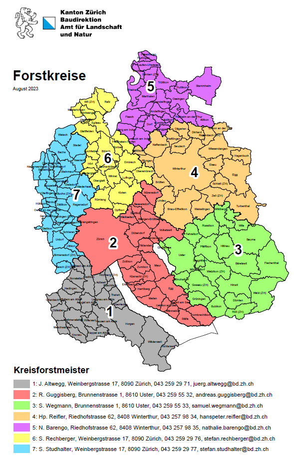 Karte der Zürcher Forstkreise mit Kontaktadressen der Kreisforstmeister