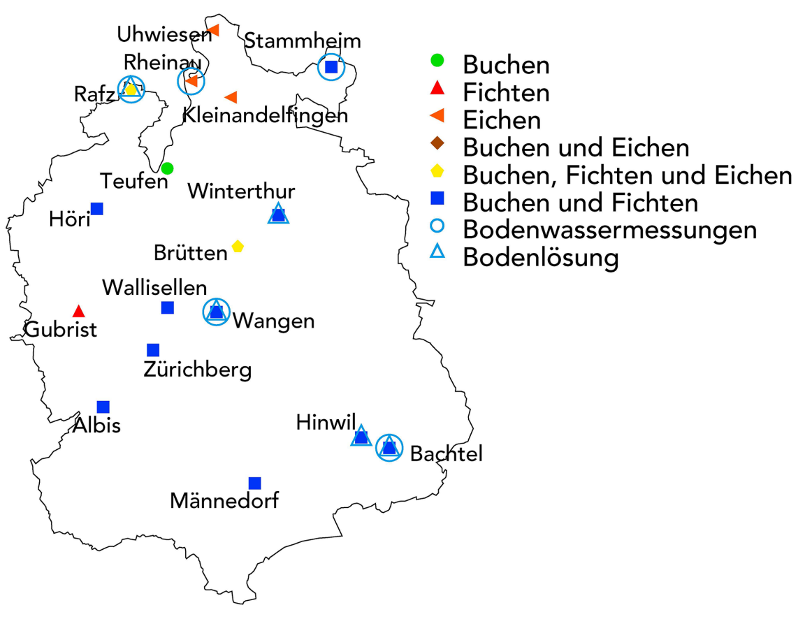 Karte der Dauerbeobachtungsflächen im Kanton Zürich. Markiert sind zehn Standorte für Buchen und Fichten, drei für Eichen und einzelne für andere Kombinationen von Baumarten.