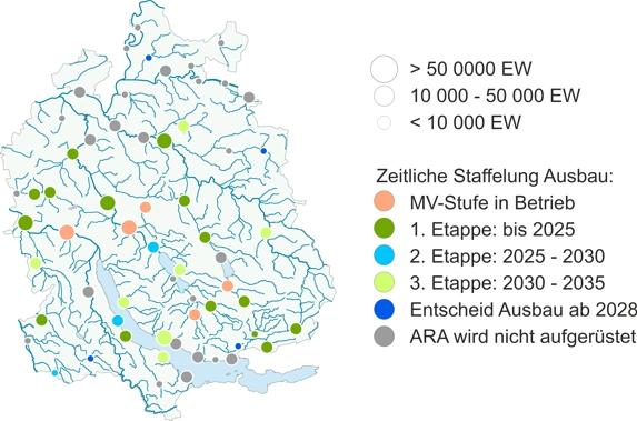 Karte des Kantons Zürich mit Standorten der ARA inkl. Ausbaugrösse und zeitliche Staffelung für den Ausbau einer MV-Stufe.