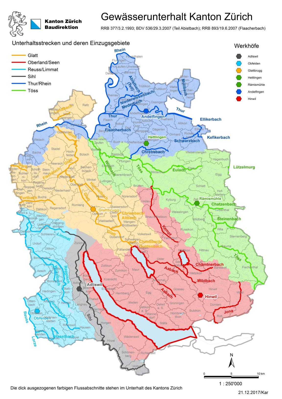 Die Karte zeigt die Gebietseinteilung des Gewässerunterhalts