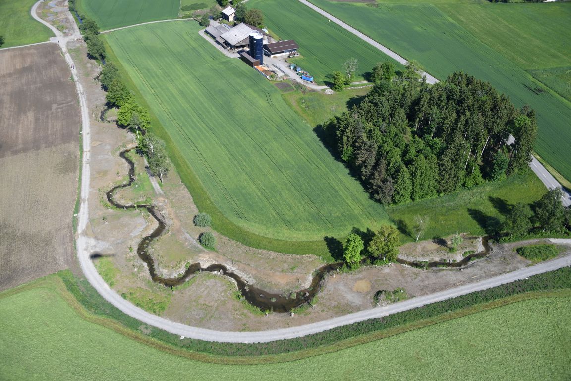 Luftaufnahme der renaturierten Jonen, die sich kurvenreich durch Felder und entlang eines Waldstücks schlängelt, mit einem Bauernhof im Hintergrund.