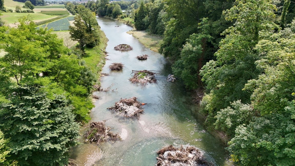 Blick von oben auf die Töss mit mehreren grossen Holzhaufen und Steinen im Flussbett, umgeben von grünen Ufern und Feldern.
