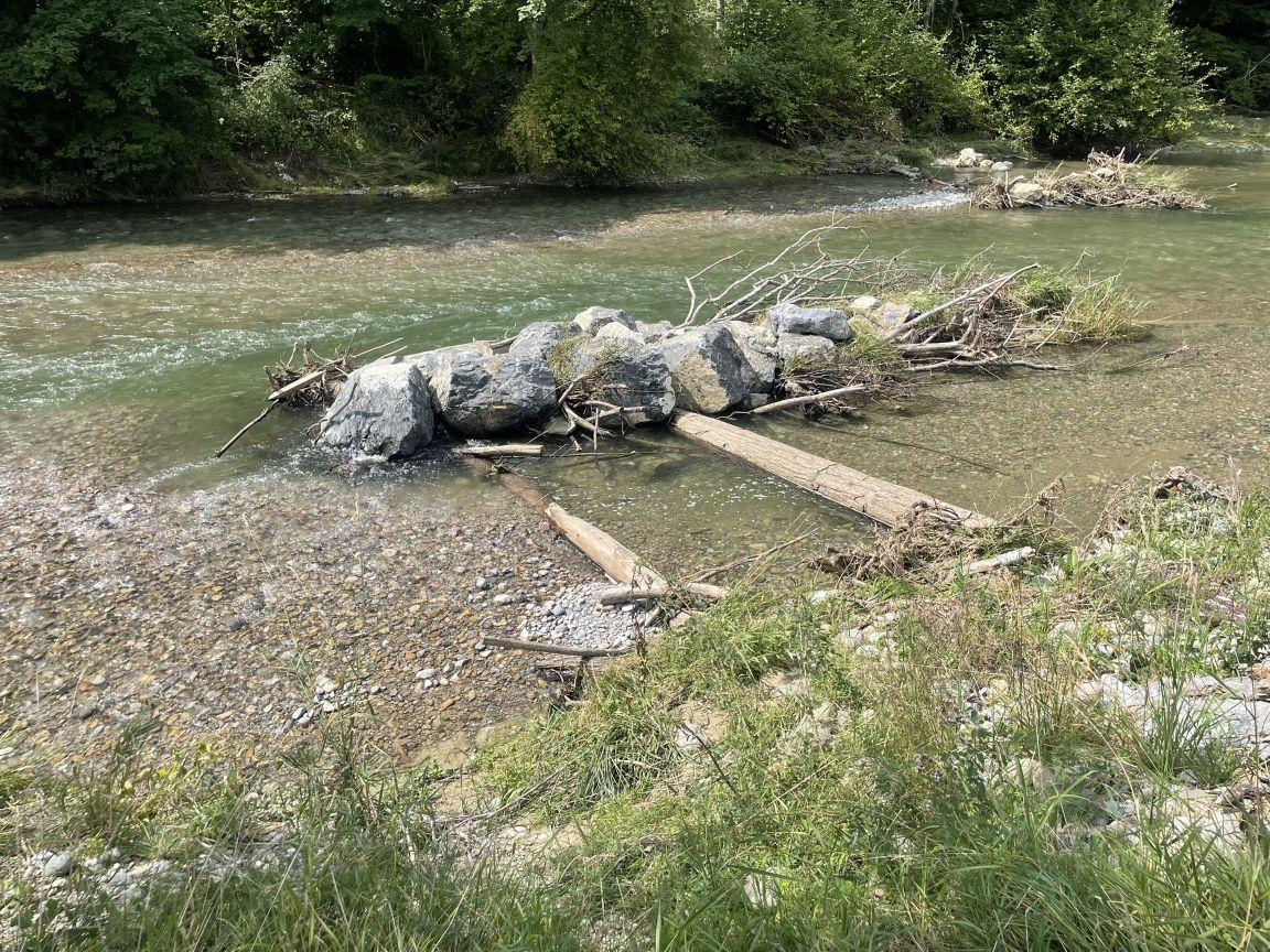 Steine, Äste und Baumstämme im Fluss Töss als strukturverbessernde Massnahme.