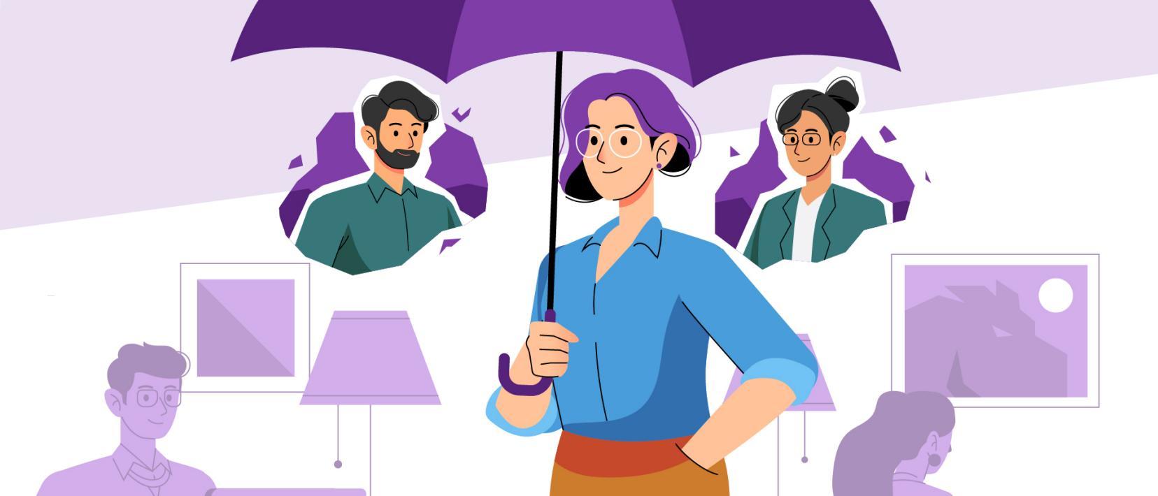 Eine Frau hält einen Regenschirm und schützt damit zwei Personen vor äusseren Einflüssen