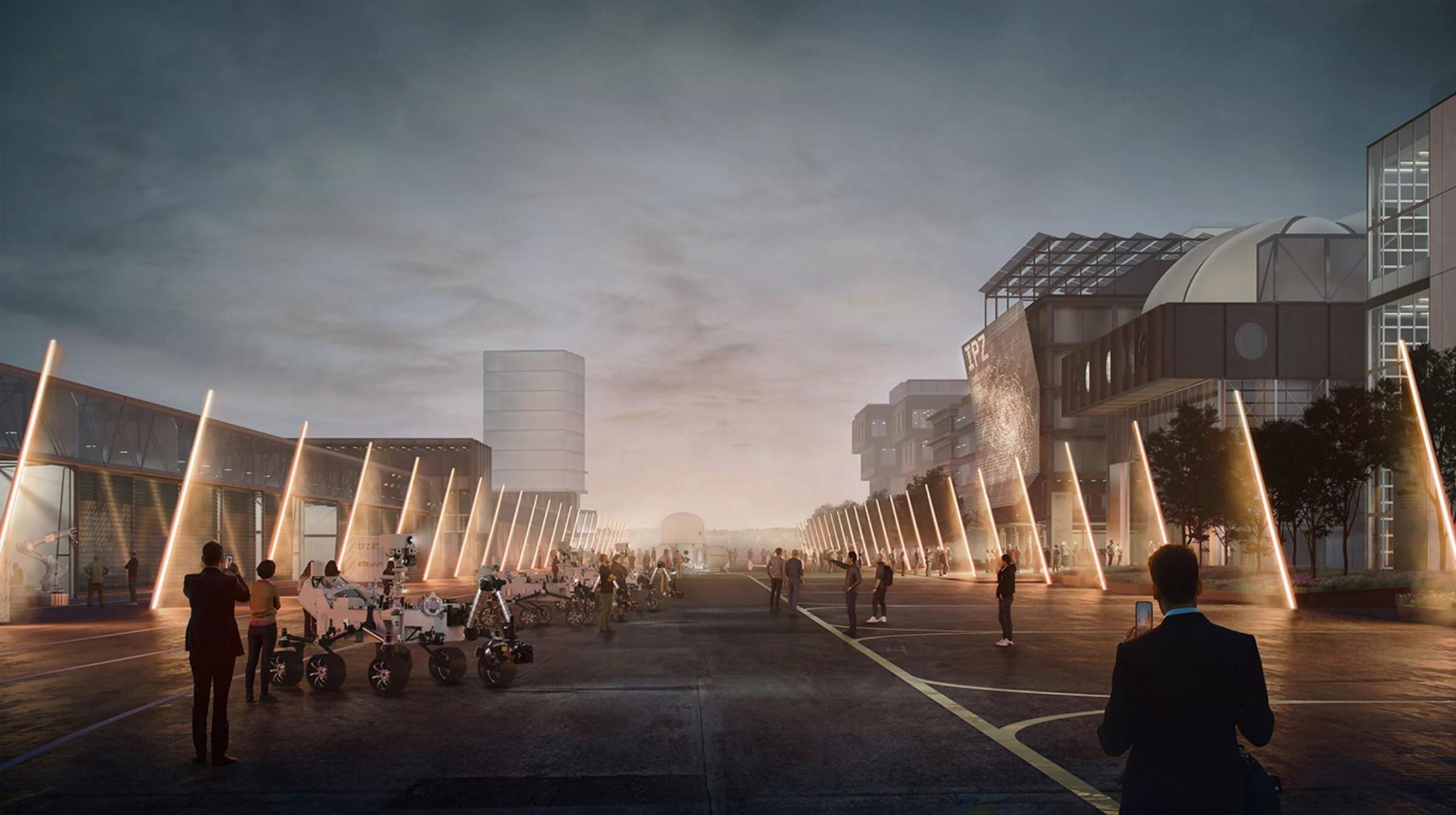 Visualisierung des IPZ Aussengeländes bei Abendstimmung