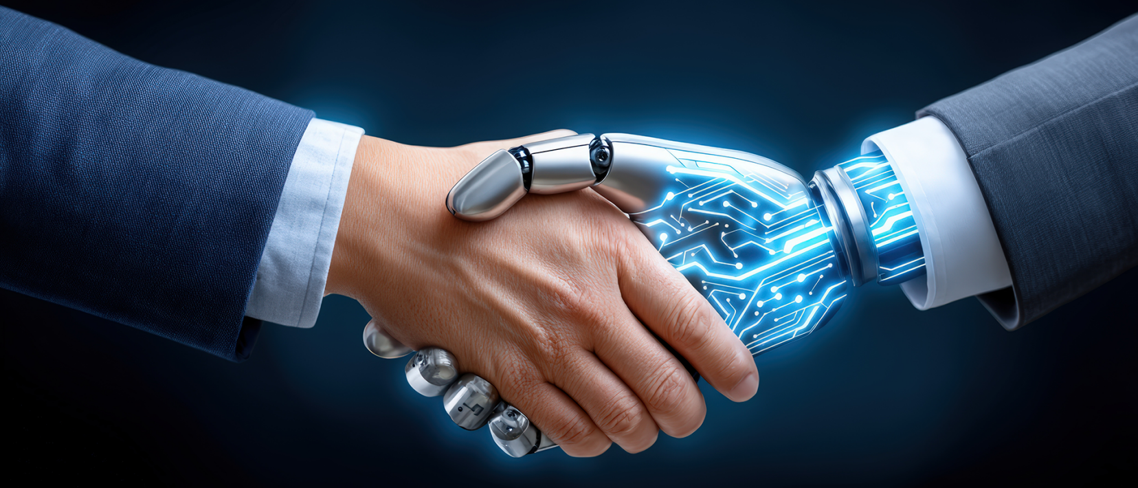 Handschlag zwischen einem Menschen und einem Roboter. Sichtbar sind nur die Hände und Unterarme und die Ärmel, welche die Geschäftswelt andeuten. 