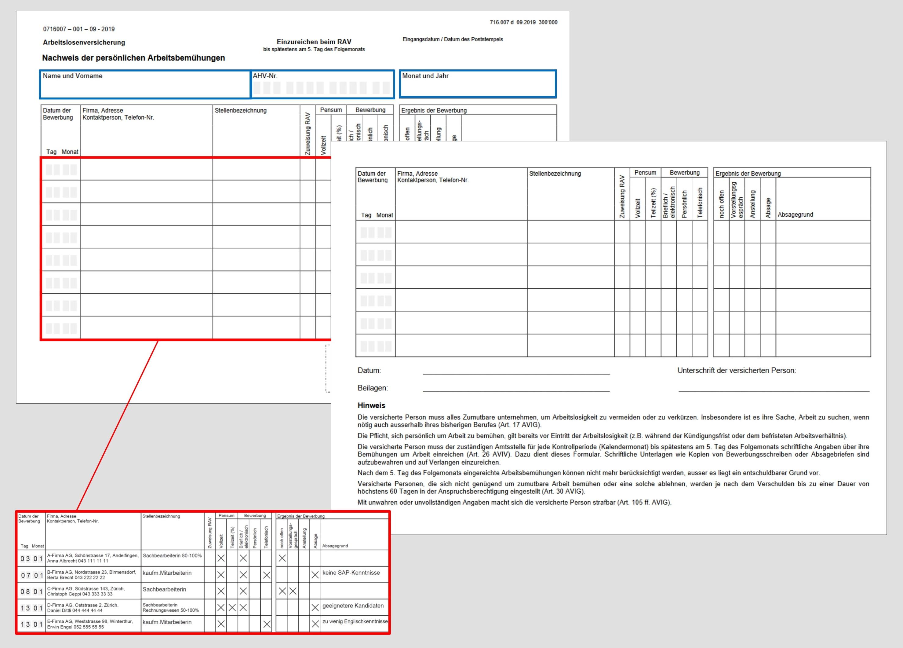 personliche arbeitsbemuhungen einreichen kanton zurich