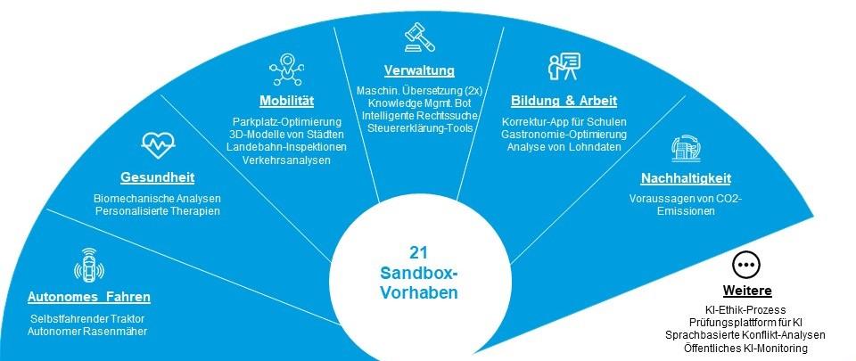 21 KI-Vorhaben wurden in die Innovation-Sandbox eingereicht, darunter Vorhaben aus den Bereichen autonomes Fahren, Gesundheit, Mobilität, Verwaltung, Bildung und Arbeit sowie Nachhaltigkeit.