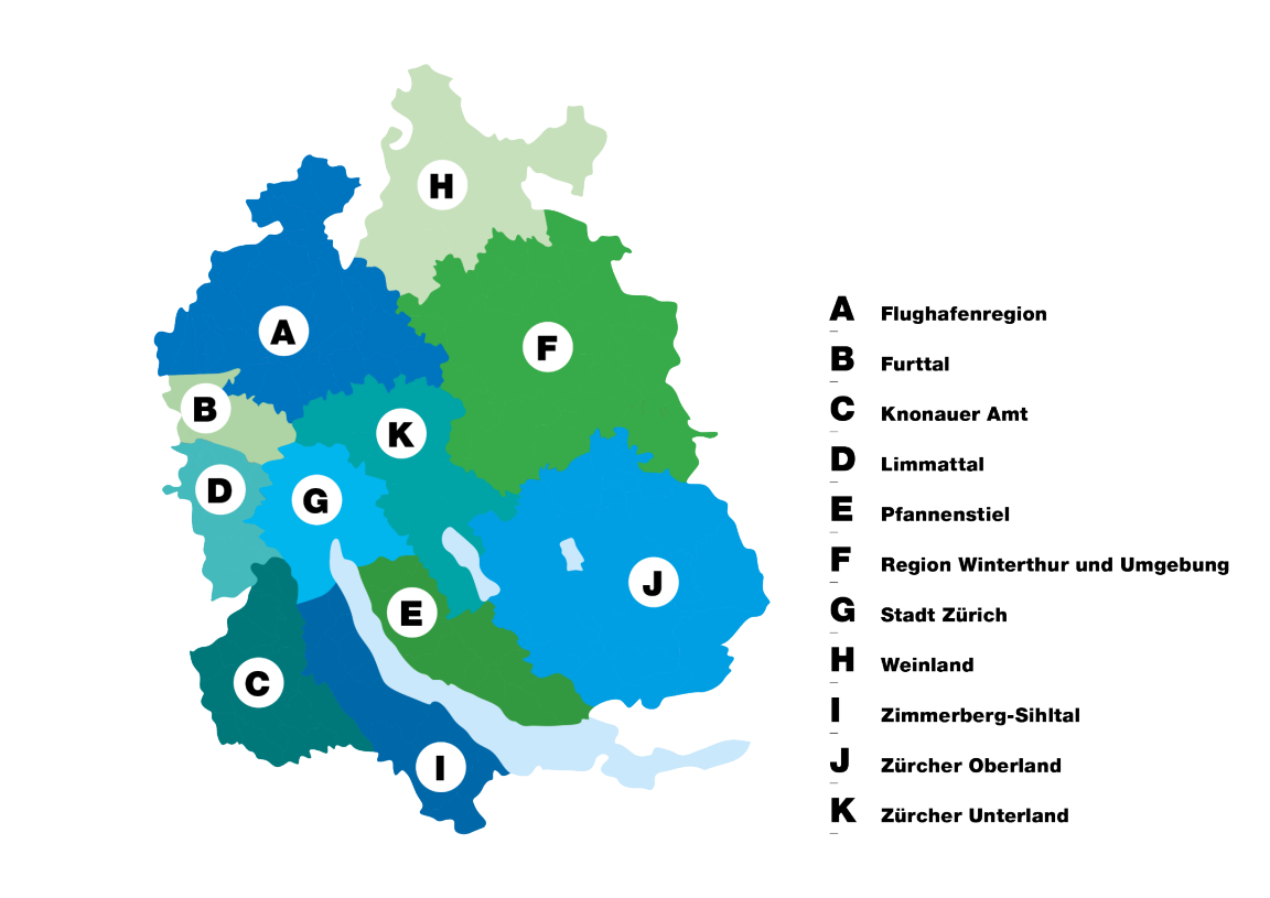 Die regionalen Standortförderungen sind in einer Karte des Kantons Zürich eingetragen. 