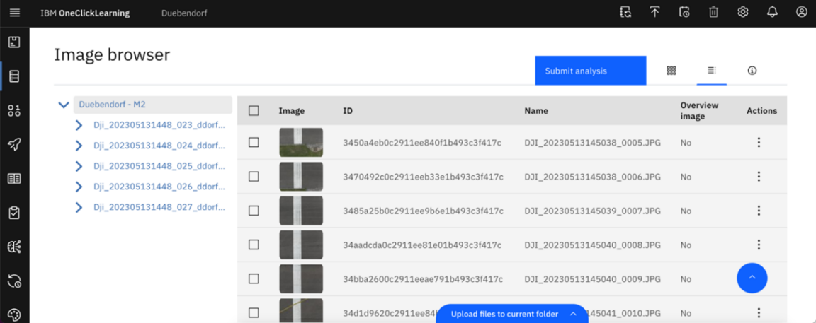 IBM OneClickLearning Dashboard zeigt den Image Browser an, eine Auflistung von Bilddateien