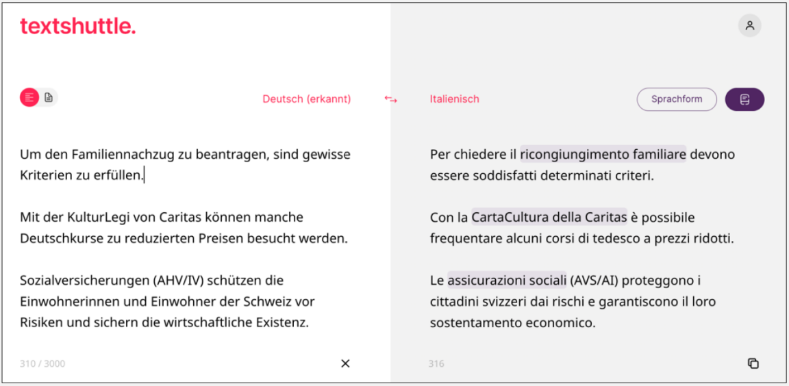 Beispiel einer Übersetzung mit Textshuttle von Deutsch auf Italienisch.
