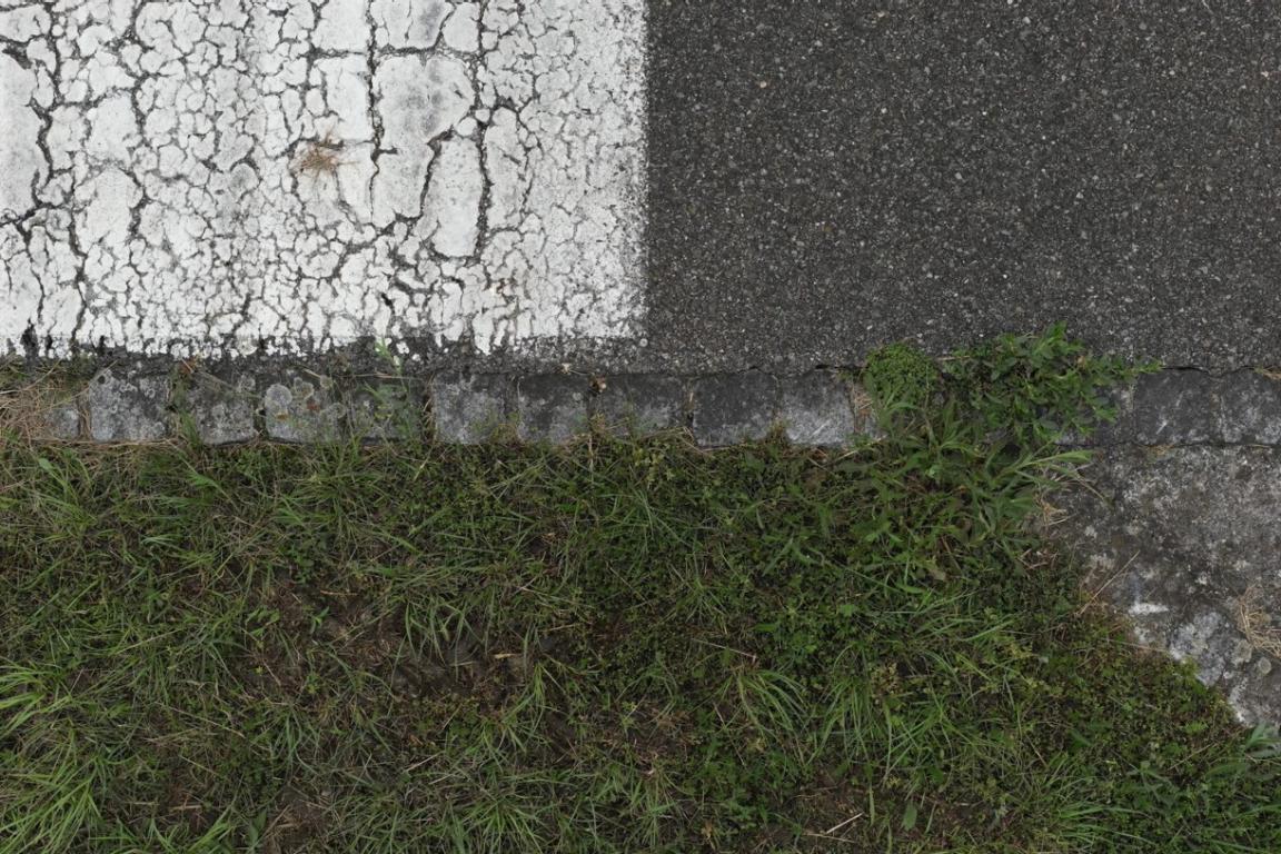 Von oben gesehen ein Abschnitt eines Stück Rasen und asphaltierten Strasse mit weisser Markierung auf der linken Seite. Der Beton und das Gras wird von Bordsteinen voneinander getrennt.