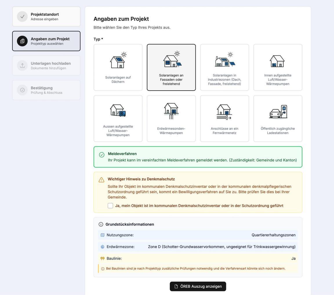Oberfläche der KI mit Angaben zum Projekt und Entscheidung zum Meldeverfahren
