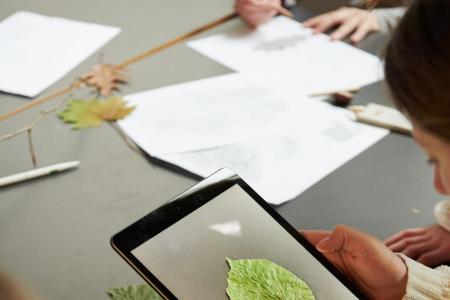 Ein Knabe betrachtet ein ipad, auf welchem ein grünes Blatt aufgeklebt ist