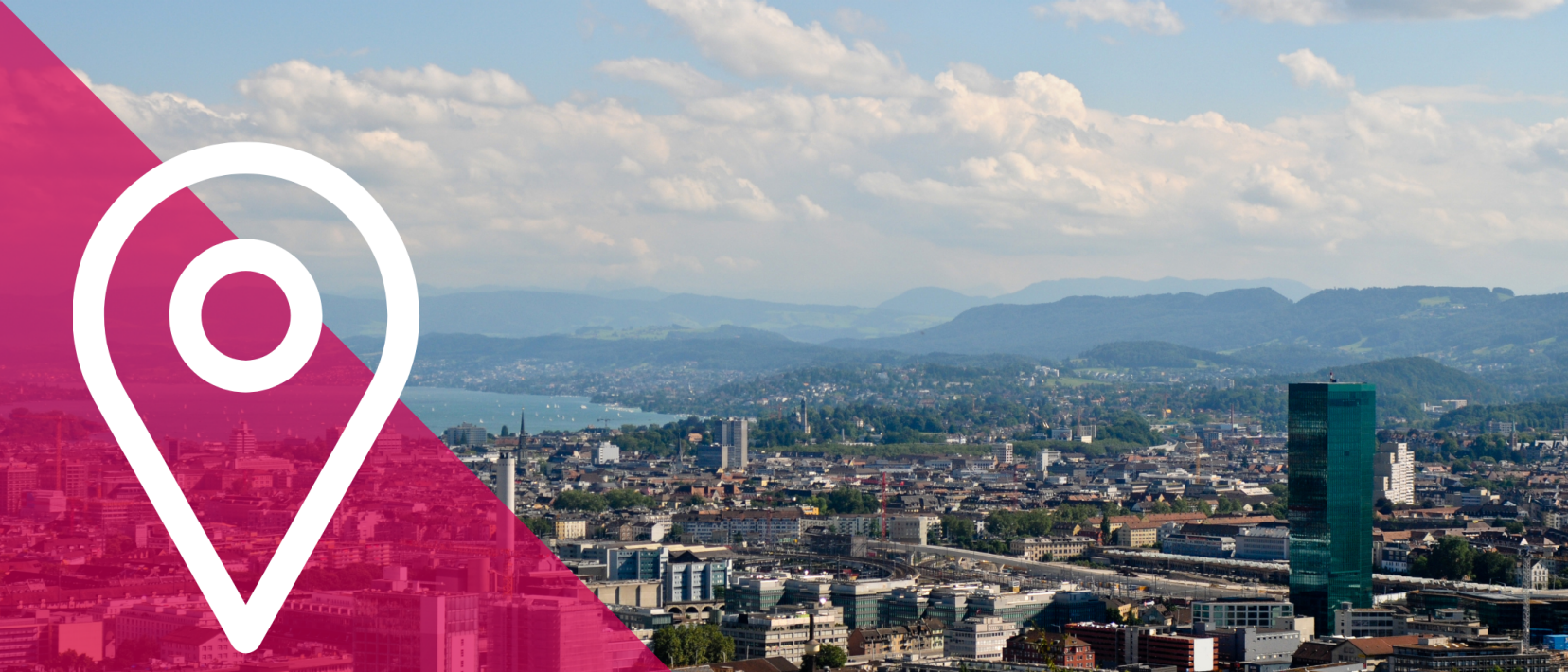 Blick auf die Stadt Zürich mit dem Prime Tower im Vordergrund und dem Zürichsee im Hintergrund