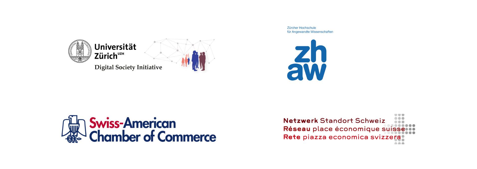 Logos der Wissenspartner: UZH DSI, ZHAW, Swiss-American Chamber of Commerce, Netzwerk Standort Schweiz