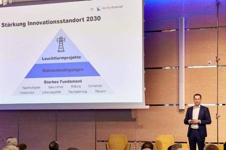 Fabian Streiff steht auf der Bühne neben einer Präsentationsfolie zur Stärkung des Innovationsstandorts Zürich 2030.