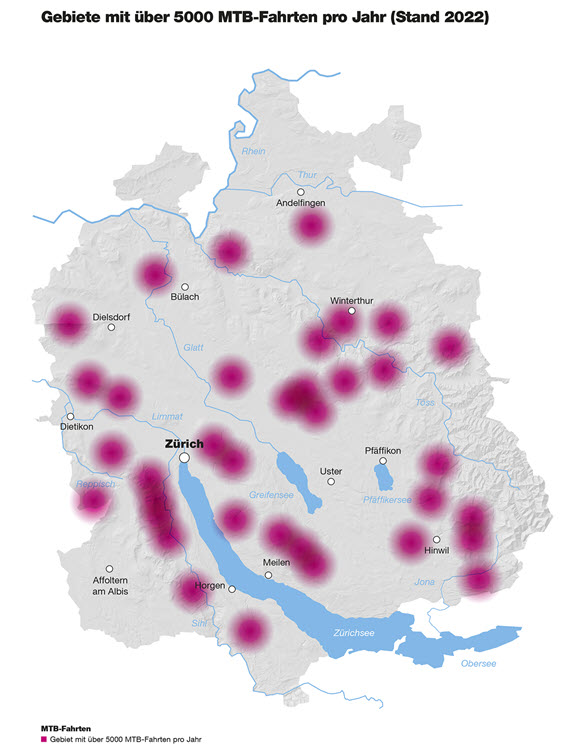 Karte des Kantons Zürich mit Gebieten mit über 5000 Mountainbike-Fahrten pro Jahr.