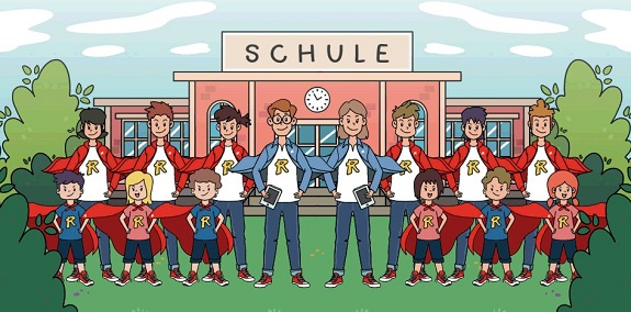 Logo der Austauschwoche: Zeichnung von einer Klasse vor dem Schulhaus.