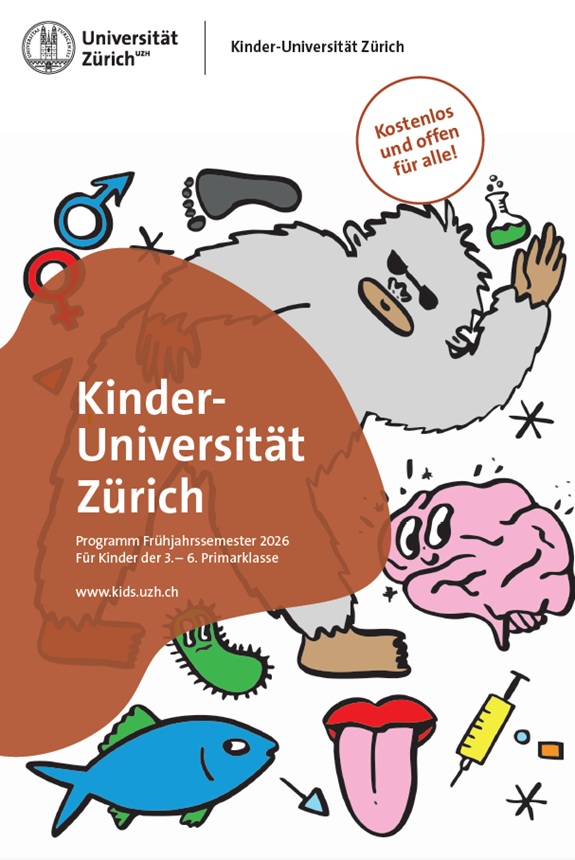 Titelblatt der Kinder-Universit&auml;t Z&uuml;rich mit Illustrationen wie Yeti, Gehirn, Zunge und Laborflasche sowie Text &bdquo;Programm Fr&uuml;hjahrssemester 2026&ldquo;.