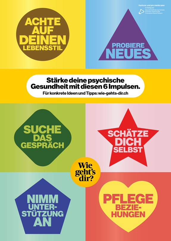 Das Plakat zeigt sechs farbige Formen mit jeweils einem kurzen Tipp zur psychischen Gesundheit.