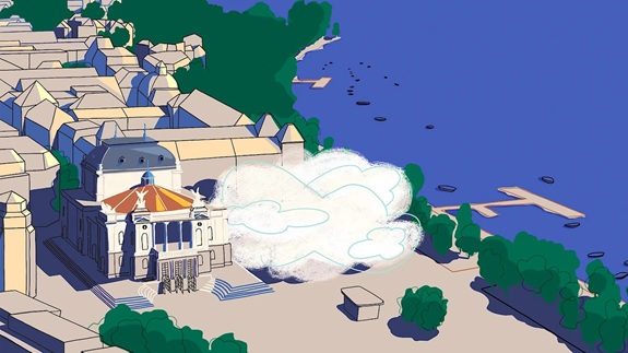 Bild vom Opernhaus. Daneben  eine wei&szlig;e Wolke. Im Hintergrund sind H&auml;user, B&auml;ume und der See mit Stegen und Booten zu sehen. 