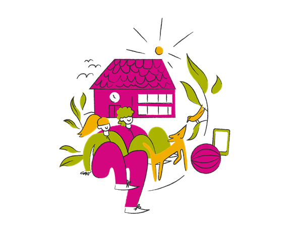 Illustration mit einem pinken Haus, zwei stilisierten Figuren, einem Reh, Pflanzen und einer Sonne.