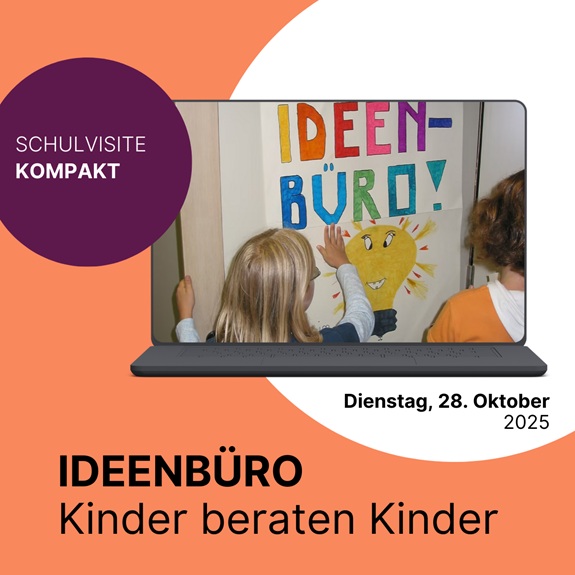 Zwei Kinder vor einem Plakat auf dem "Ideenb&uuml;ro" steht