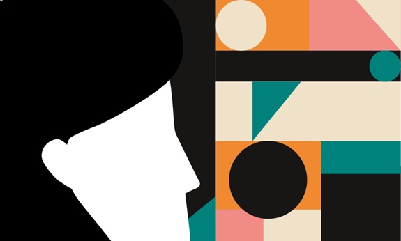 Links ist das Profil eines Gesichts in Schwarz-Weiss zu sehen. Rechts sind verschiedenfarbige geometrische Formen wie Kreise, Dreiecke und Rechtecke in Orange, T&uuml;rkis, Pink, Schwarz und Beige angeordnet.