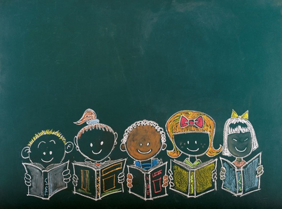 Zeichnung von mehreren Kinderk&ouml;pfen, die je in ein Buch schauen