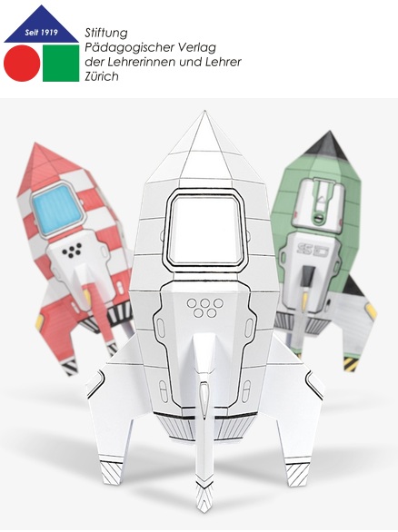 Drei  Papiermodelle von Raketen in unterschiedlichen Farben. Oben links ist ein Logo mit geometrischen Formen und der Text &bdquo;Stiftung P&auml;dagogischer Verlag der Lehrerinnen und Lehrer Z&uuml;rich&ldquo;.