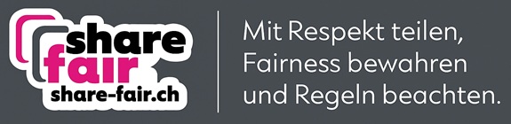 Links: Logo share faire. Rechts: Schriftzug "Mit Respekt teilen, Fairness bewahren und Regeln beachten.