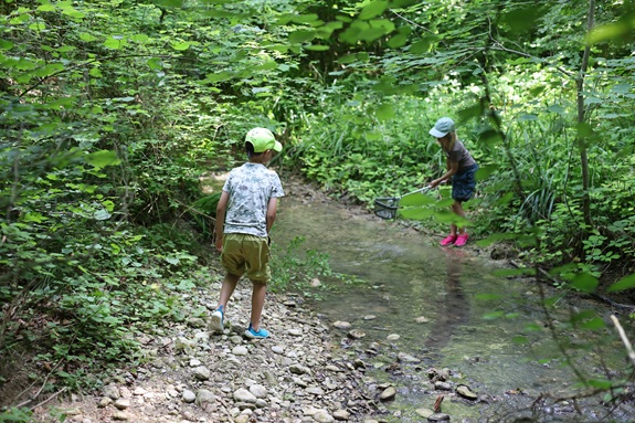 Zwei Kinder angeln mit einem Feumer etwas im Fluss