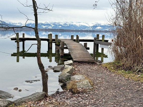 Holzsteg am Ufer eines Sees mit ruhigem Wasser, umgeben von kahlen B&auml;umen und Str&auml;uchern. Im Hintergrund sind schneebedeckte Berge zu sehen.