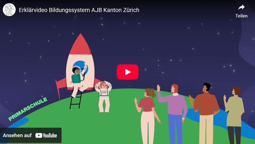 Eine Rakete mit der Aufschrift &bdquo;Primarschule&ldquo;, darin und davor Kinder als Astronauten; daneben f&uuml;nf Erwachsene, die winken &ndash; im Hintergrund ein Sternenhimmel.