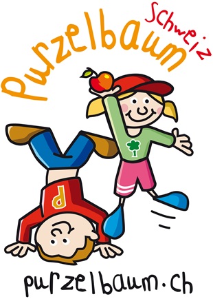 Zwei Kinder in Cartoonstil: Eines macht einen Handstand mit rotem &bdquo;P&ldquo;-Shirt, das andere steht mit Apfel und Kleeblatt-Shirt. Text: &bdquo;Purzelbaum Schweiz&ldquo;, unten &bdquo;purzelbaum.ch&ldquo;.
