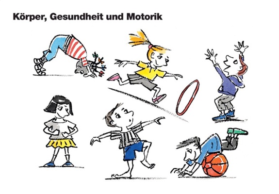 Gezeichnete Kinder in verschiedenen Bewegungen und sportlichen Aktivit&auml;ten.