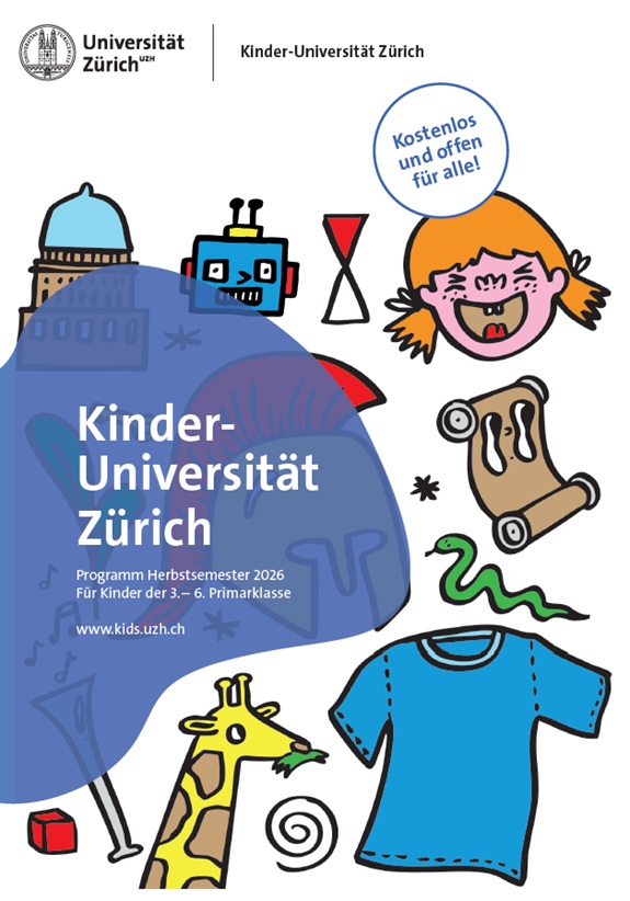 Plakat zur Kinder‑Universit&auml;t Z&uuml;rich mit bunten, gezeichneten Figuren und Hinweisen zum Programm.