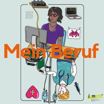 Illustration von zwei Berufen (IT und Medizin) mit dem grossen Titel &laquo;Mein Beruf&raquo;. 