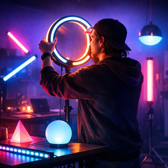 Eine Person richtet farbige Studio‑Lichter ein, umgeben von leuchtenden Lampen und Formen in einem kreativ beleuchteten Raum.