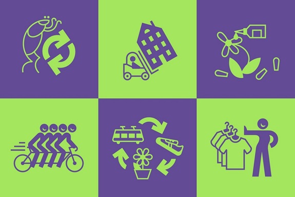  Sechs grafische Symbole zu nachhaltigem Verhalten, darunter Recycling, gemeinsames Velofahren, Pflanzenpflege, Wiederverwendung und Kreislaufwirtschaft.