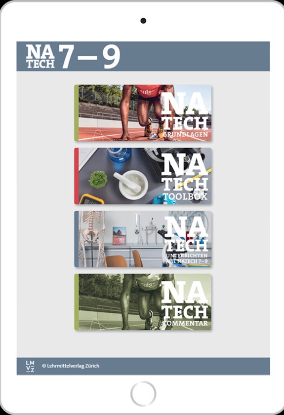 Startseite der digitalen Lernplattform NA TECH 7&ndash;9 mit vier Kacheln zu Grundlagen, Toolbox, Unterrichten und Kommentar.