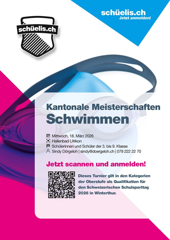 Plakat zu den kantonalen Meisterschaften im Schwimmen mit Schwimmbrille, Veranstaltungsinfos und QR‑Code zur Anmeldung.