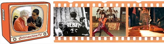 Filmstreifenartige Bildcollage mit Szenen aus Musik‑, Jugend‑ und Popkultur, erg&auml;nzt durch das Label &laquo;Zeitmaschine TV&raquo;.