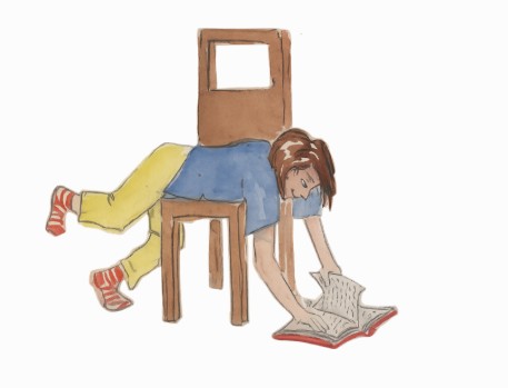 Illustration eines Kindes, das kopf&uuml;ber &uuml;ber einen Stuhl hinweg ein Buch liest.